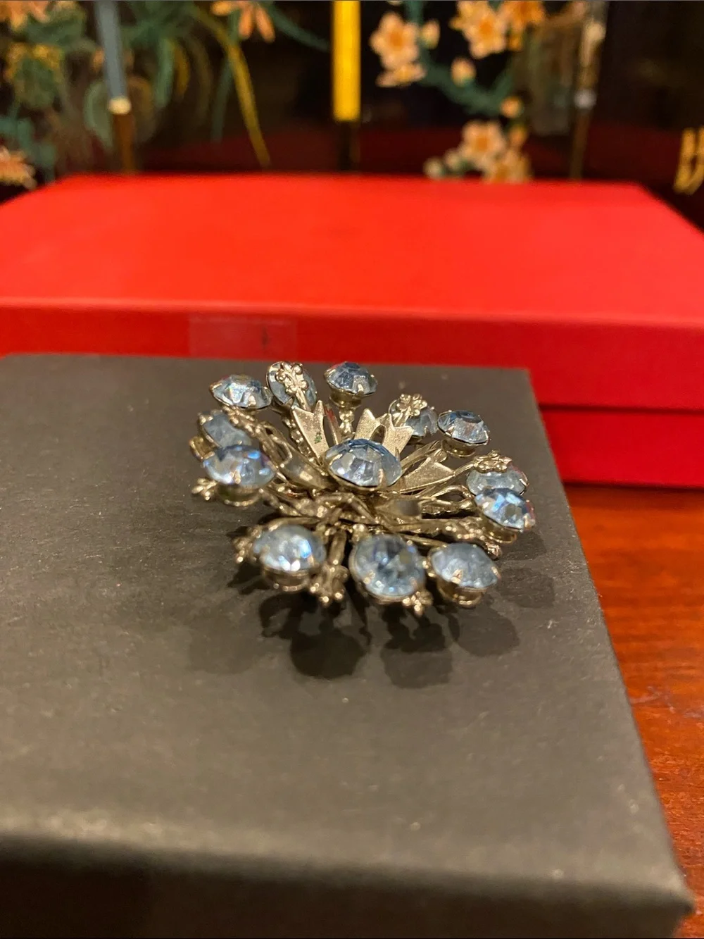 Silver-Tone Vintage Tiered Blue Crystal Floral Burst Brooch